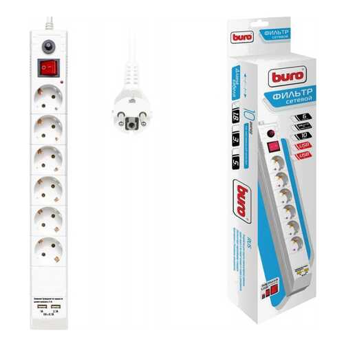 Сетевой фильтр BURO BU-SP1,8_USB_2A-W, 6 розеток, 1,8 м, White в Miele